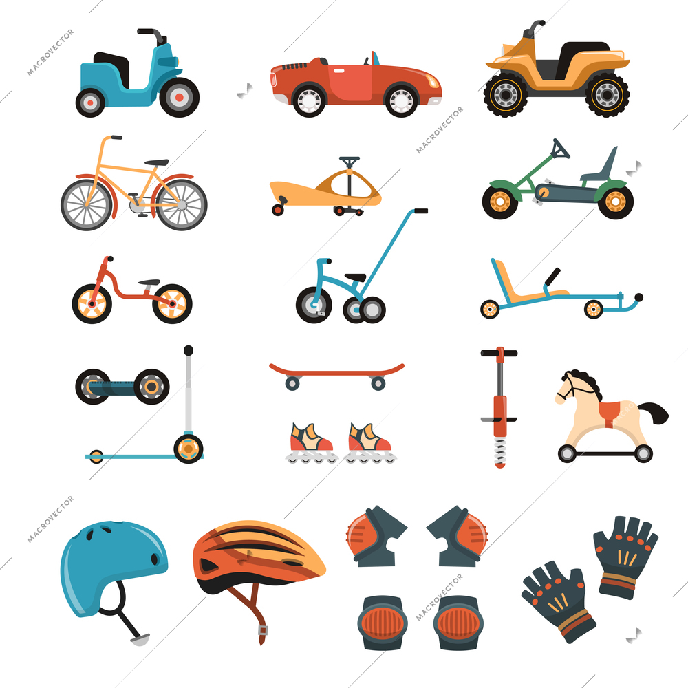 Child safety body protection sport equipment protective isolated images set with playcars bicycles kneecaps and helmets vector illustration