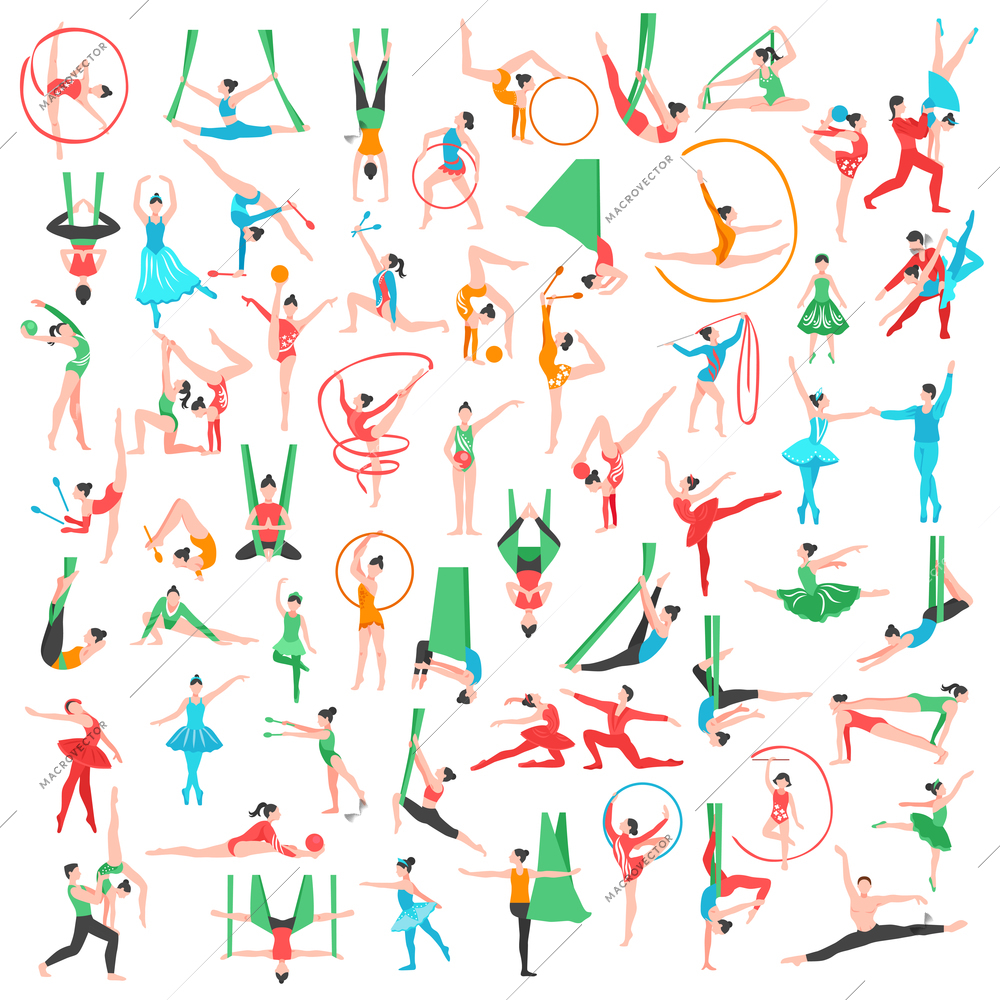 Gymnastics and ballet big set including dancers trapeze artists acrobats girls with sports tools isolated vector illustration