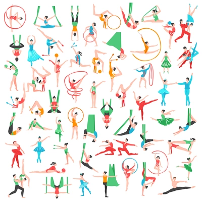 Gymnastics and ballet big set including dancers trapeze artists acrobats girls with sports tools isolated vector illustration