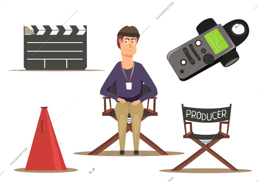 Movie making flat group set with producer and various equipment isolated on white background vector illustration