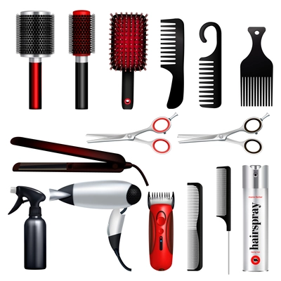 Colored and isolated hairdresser big icon set with professional tools of hairdresser vector illustration