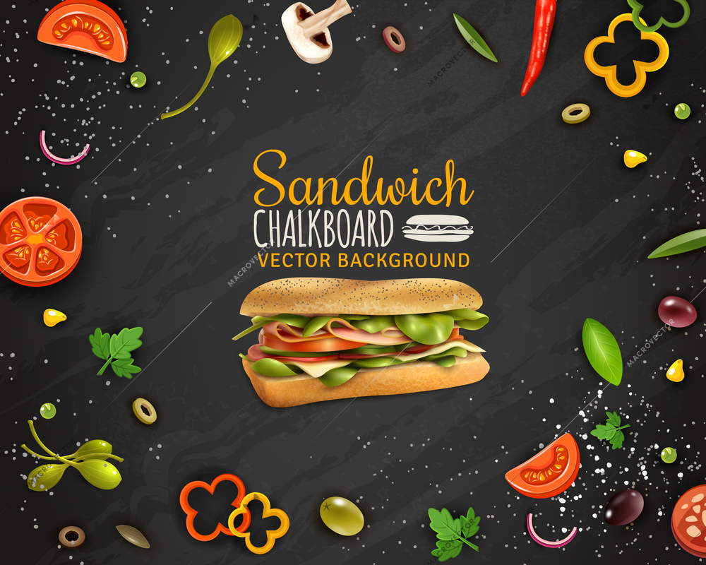 Sandwiches with ham cheese fresh paprika tomato onion champignons and olives realistic chalkboard background advertisement poster vector illustration