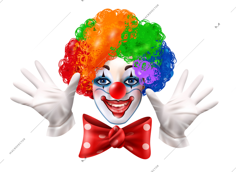 Circus clown smiling face with hands multi color wig and red bow realistic close-up portrait vector illustration