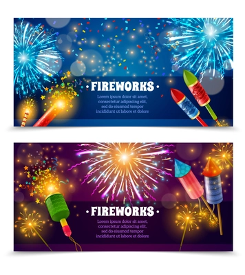 Two festive firework horizontal banners set with text firecrackers rockets and indian lights sparklers isolated vector illustration