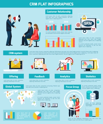 Customer relatioship infographic set with feedback and statistics symbols flat vector illustration