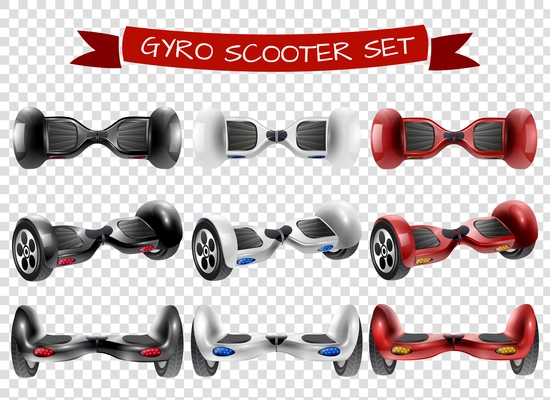 Realistic self-balancing gyro two-wheeled board scooter or hoverboard 3 colorful sets transparent background vector illustration