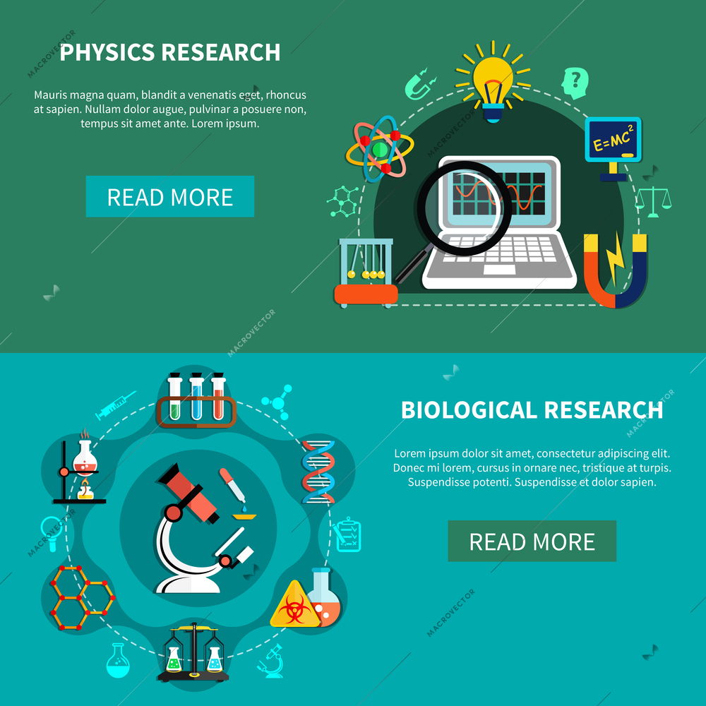 Horizontal banners set with natural-science researches, chemical experiments, design concept, flat vector illustration