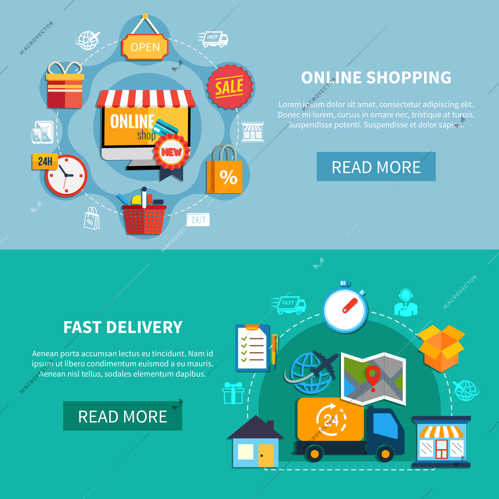 Two horizontal ecommerce banner set with online shopping fast delivery descriptions and read more buttons vector illustration