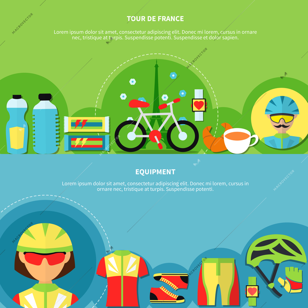 Bike horizontal banners set with tour de France symbols flat isolated vector illustration