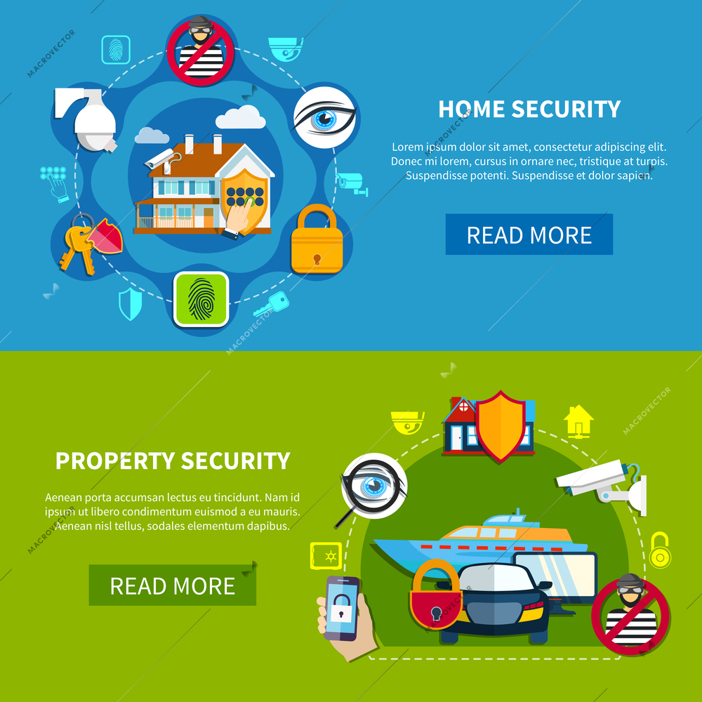 Security horizontal banners set with home and property security symbols flat isolated vector illustration