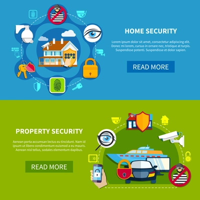 Security horizontal banners set with home and property security symbols flat isolated vector illustration