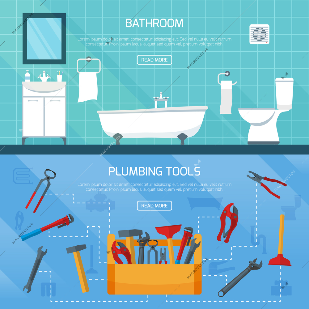 Plumbing banners set with tool box flowchart bathroom interior fitments flat images with read more button vector illustration