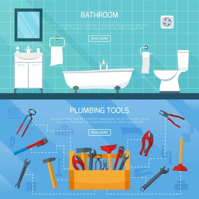 Plumbing banners set with tool box flowchart bathroom interior fitments flat images with read more button vector illustration