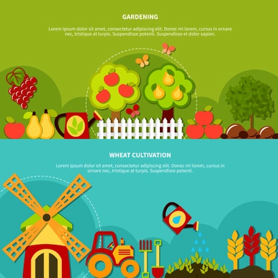 Agriculture horizontal banners collection with flat outdoor plants trees and fruits garden compositions with editable text vector illustration