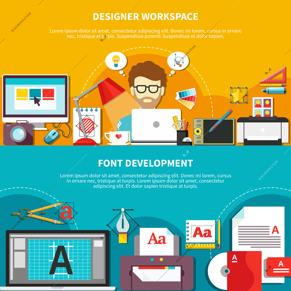 Two flat designer tools composition set with designer workplace and font development descriptions vector illustration
