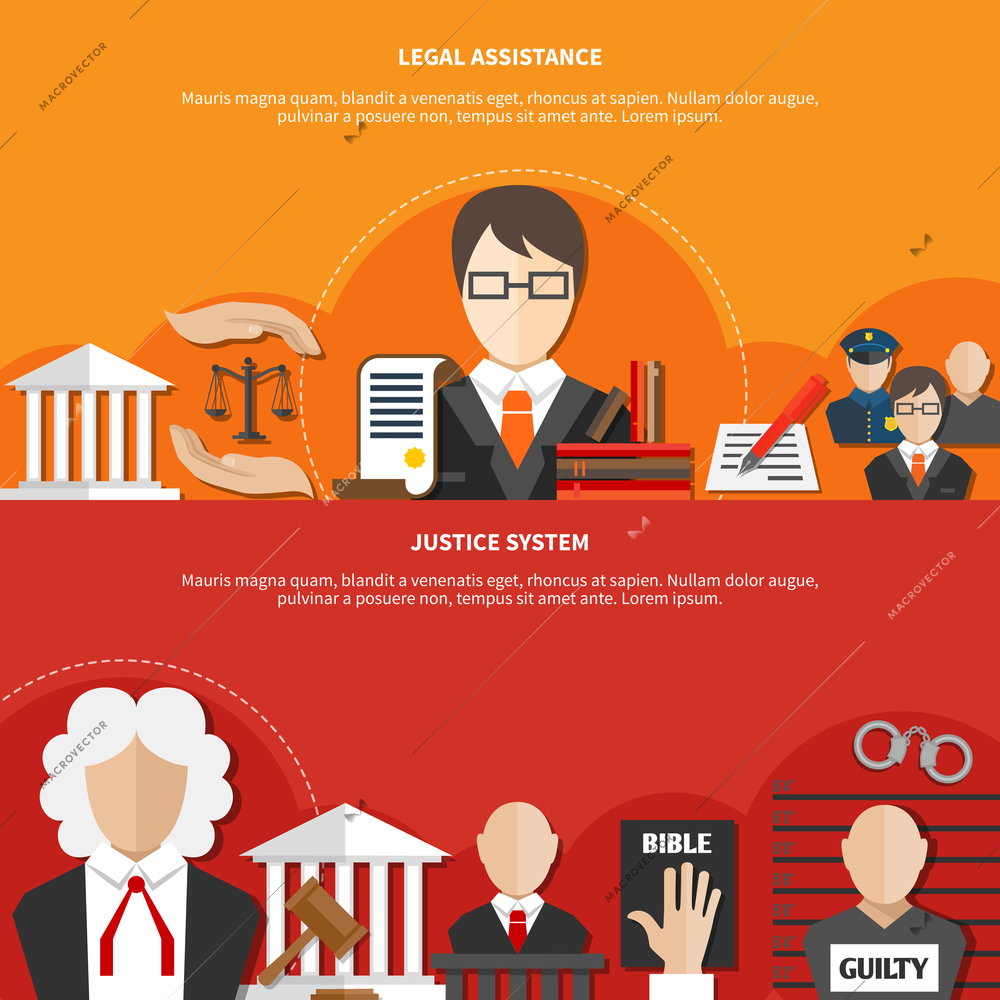 Two colored horizontal law banner set with legal assistance and justice system headline vector illustration