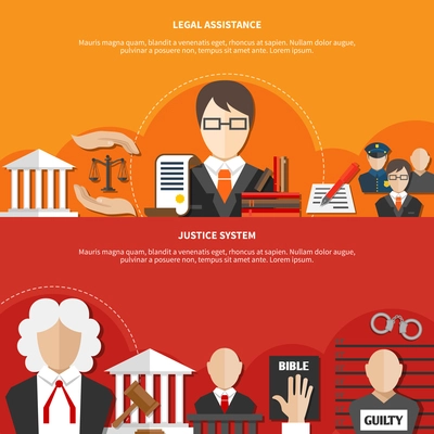 Two colored horizontal law banner set with legal assistance and justice system headline vector illustration