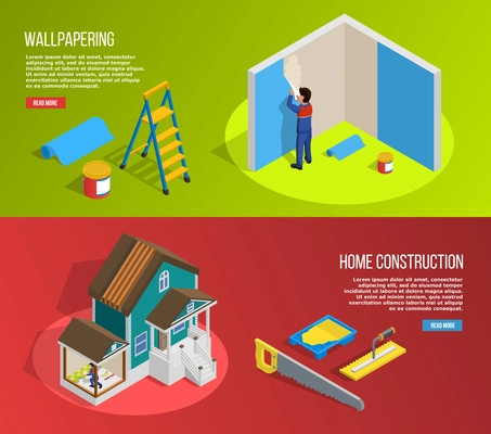 Renovation isometric horizontal banners set with home construction symbols isolated vector illustration