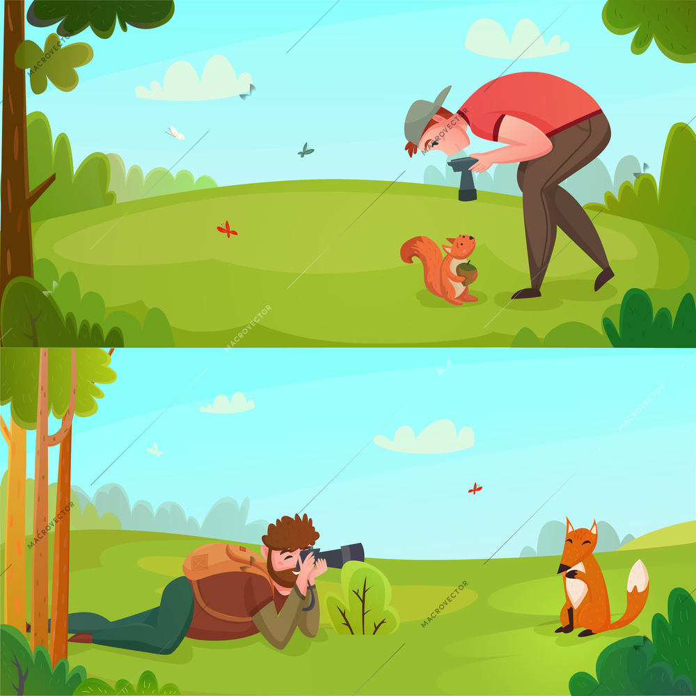 Nature and wildlife photographer with camera in outdoor action horizontal banners flat vector illustration
