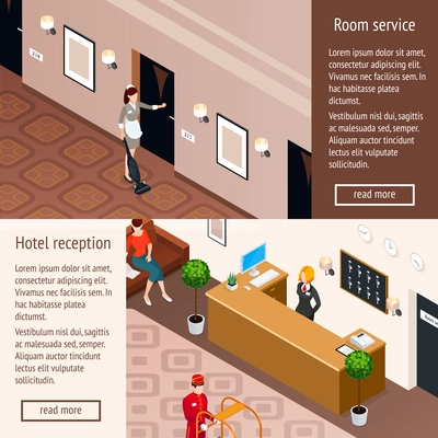 Hotel service horizontal banners set including hotel reception and room service isometric compositions vector illustration