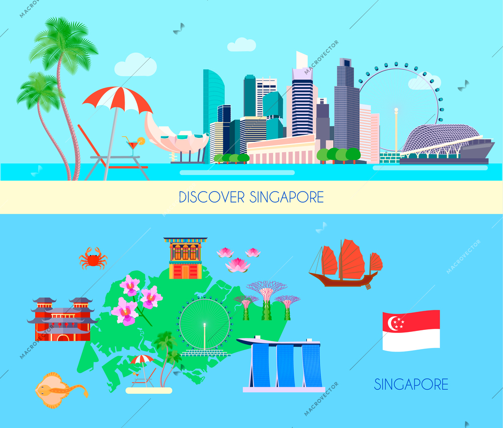 Two horizontal colored Singapore culture banner set with discover Singapore and Singapore headlines vector illustration