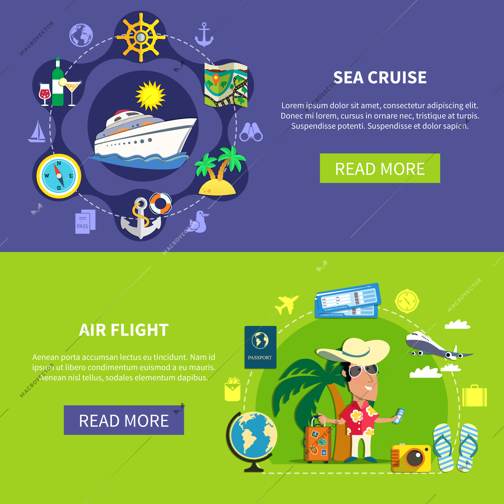 Vacation travel flat horizontal banners with sea liner and air flight images with read more button vector illustration