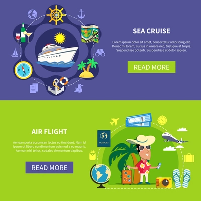 Vacation travel flat horizontal banners with sea liner and air flight images with read more button vector illustration