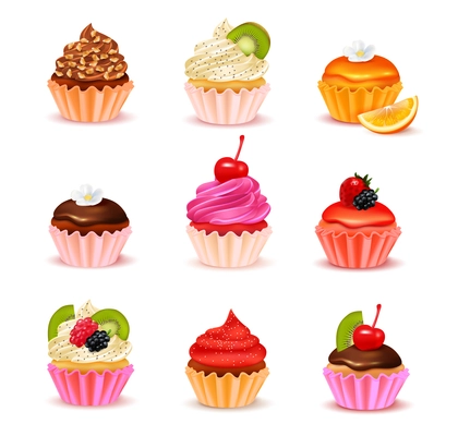 Bright realistic cupcakes with various fillings assortment set isolated on white background vector illustration