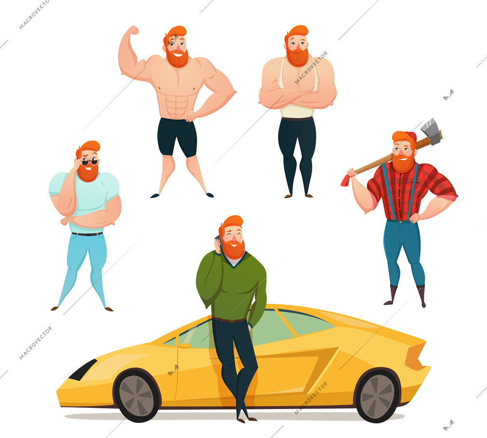 Set of isolated decorative icons showing sexy powerful brutal men with large muscles and red beard flat vector illustration
