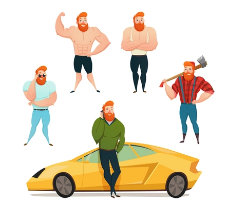 Set of isolated decorative icons showing sexy powerful brutal men with large muscles and red beard flat vector illustration