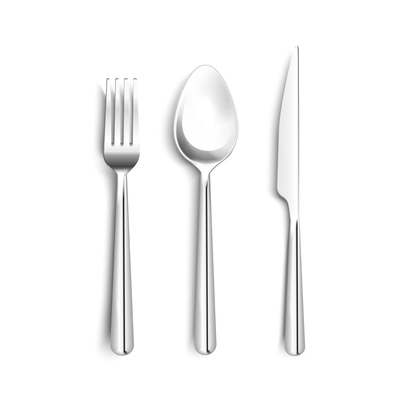 Metal shiny cutlery realistic set with knife fork spoon with black stripe on handle isolated vector illustration