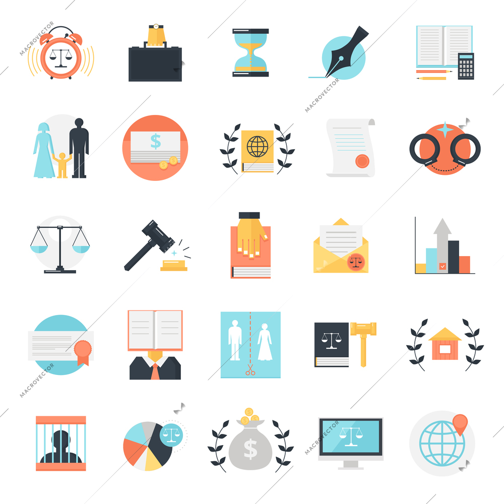 Law icon set of twenty five flat isolated colorful image compositions with conceptual legal profession signs vector illustration