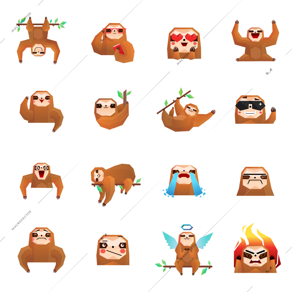 Sloth polygonal big set of flat isolated tree sloth cartoon character emoticons drawn in doodle style vector illustration