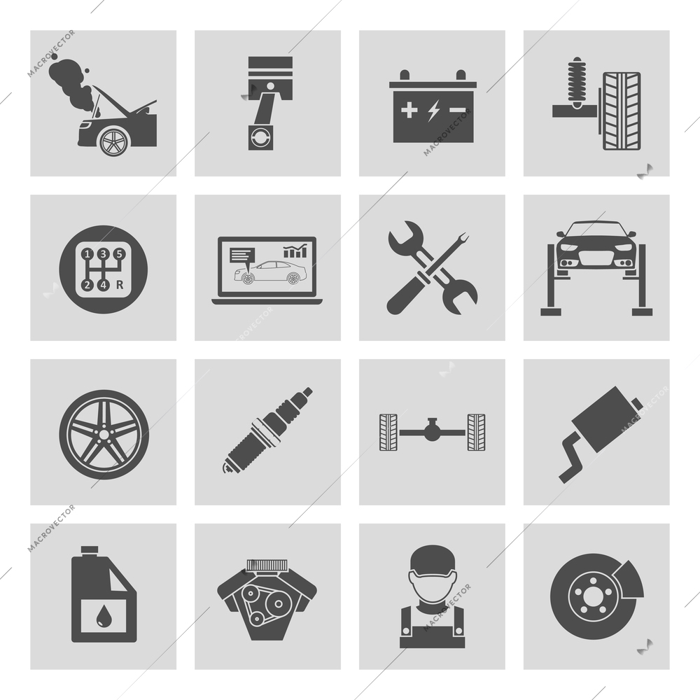 Auto car service icons set of battery tires wheel engine brake repair isolated vector illustration.