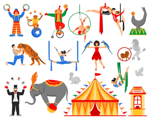 Circus performers artists actors show set of flat isolated air acrobats equilibrists clowns animal tamer characters vector illustration