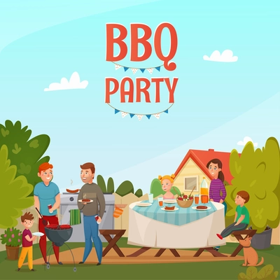 Colored cartoon barbecue party poster with family in backyard of their house vector illustration