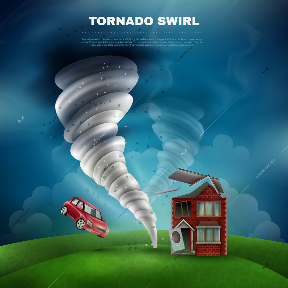 Tornado natural disaster design including house with broken roof door and window flying car dust vector   illustration