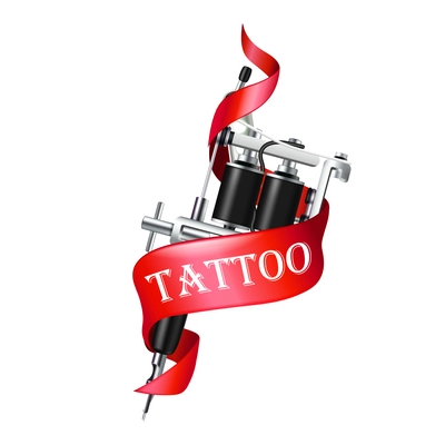 Realistic tattoo machine with red ribbon on white background vector illustration