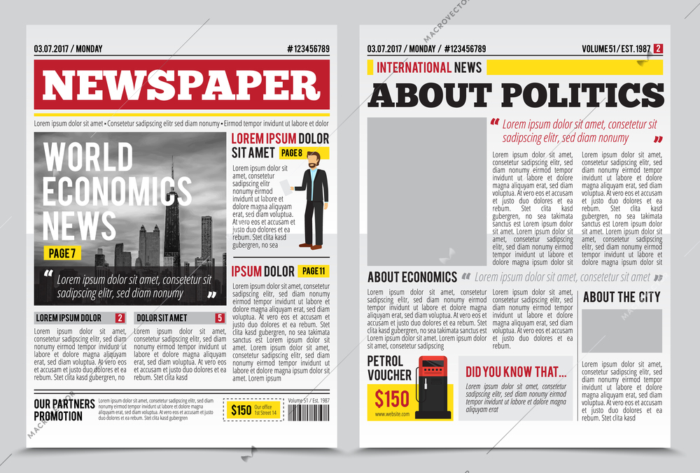 Daily newspaper journal design template with two-page opening editable headlines quotes text articles and images vector illustration