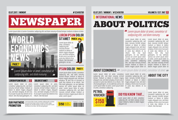 Daily newspaper journal design template with two-page opening editable headlines quotes text articles and images vector illustration