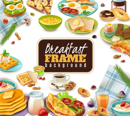 Breakfast frame with coffee juice sandwiches and sweet dishes tableware and napkins on white background vector illustration