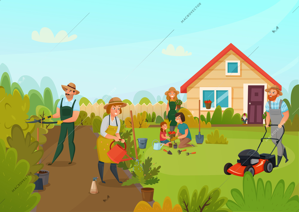 Gardening colored cartoon composition men and women are busy cleaning the garden vector illustration