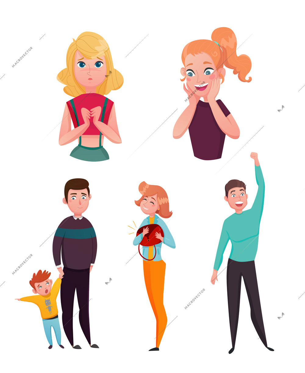 People emotions expressions with happy envious surprised and longing for sweets cartoon characters collection vector illustration