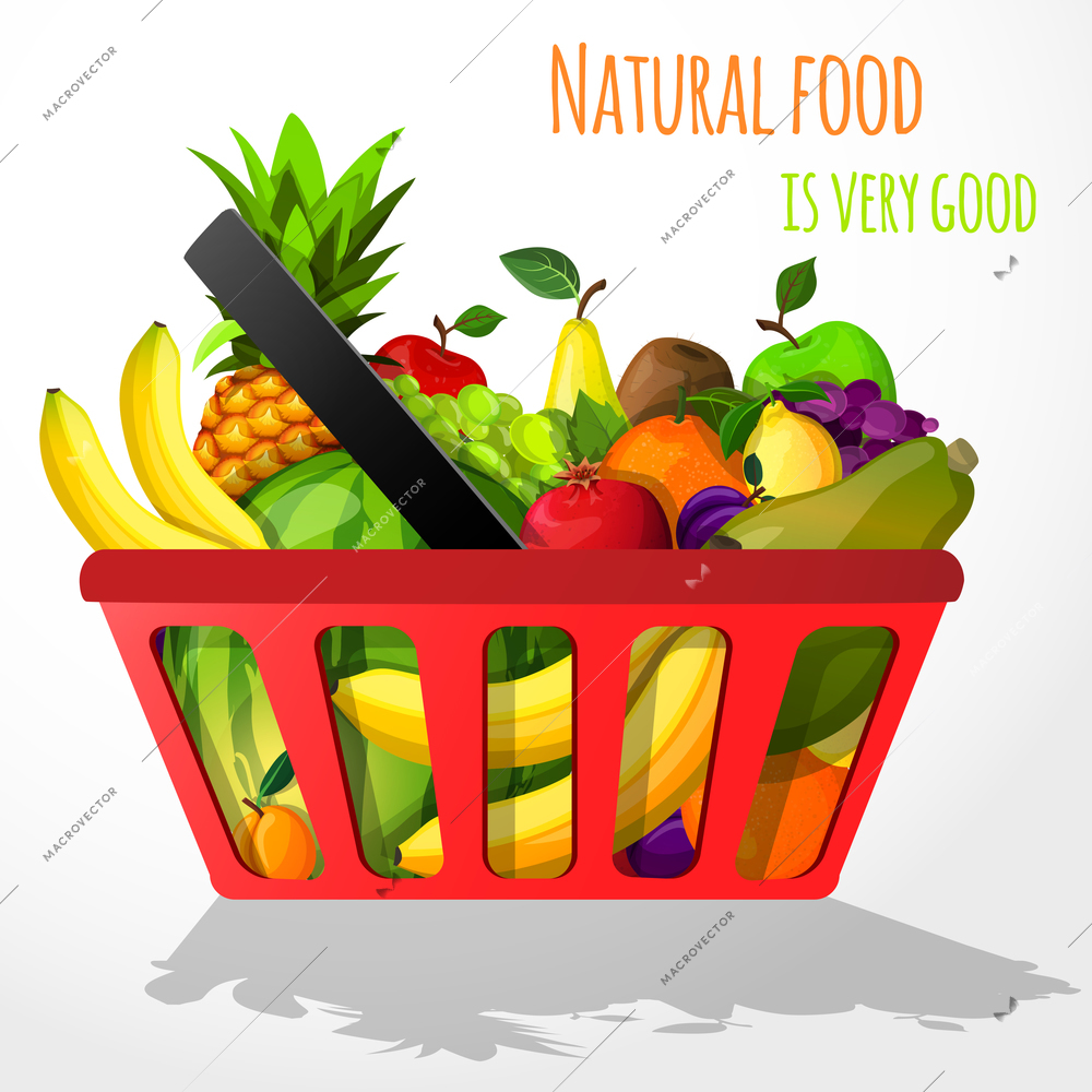 Natural organic fruits in shopping basket with banana pineapple watermelon grape vector illustration