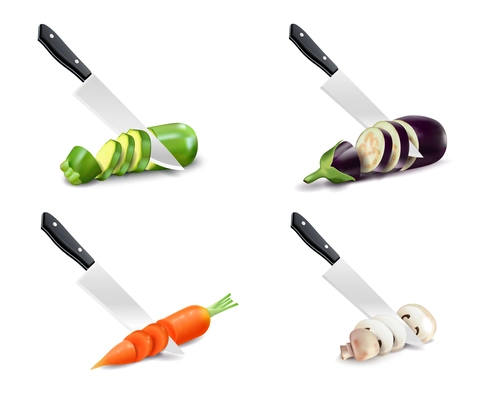Set of compositions from kitchen knife and vegetable including carrot zucchini eggplant 3d design isolated vector illustration