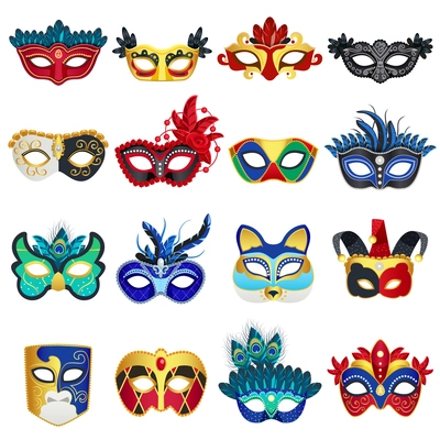 Set of different colorful venetian carnival masks with feathers and clowns hat flat isolated vector illustration