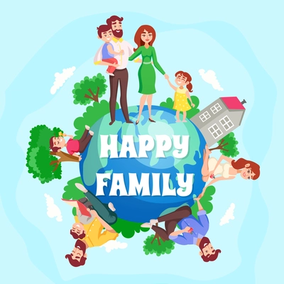 Happy family cartoon composition with children and their parents figurines around earth planet flat vector illustration