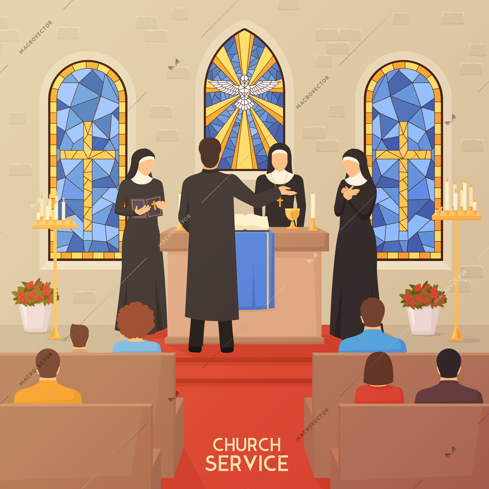 Church service communal worship christian traditions and religious ceremony flat poster with priest nuns and bible  vector illustration