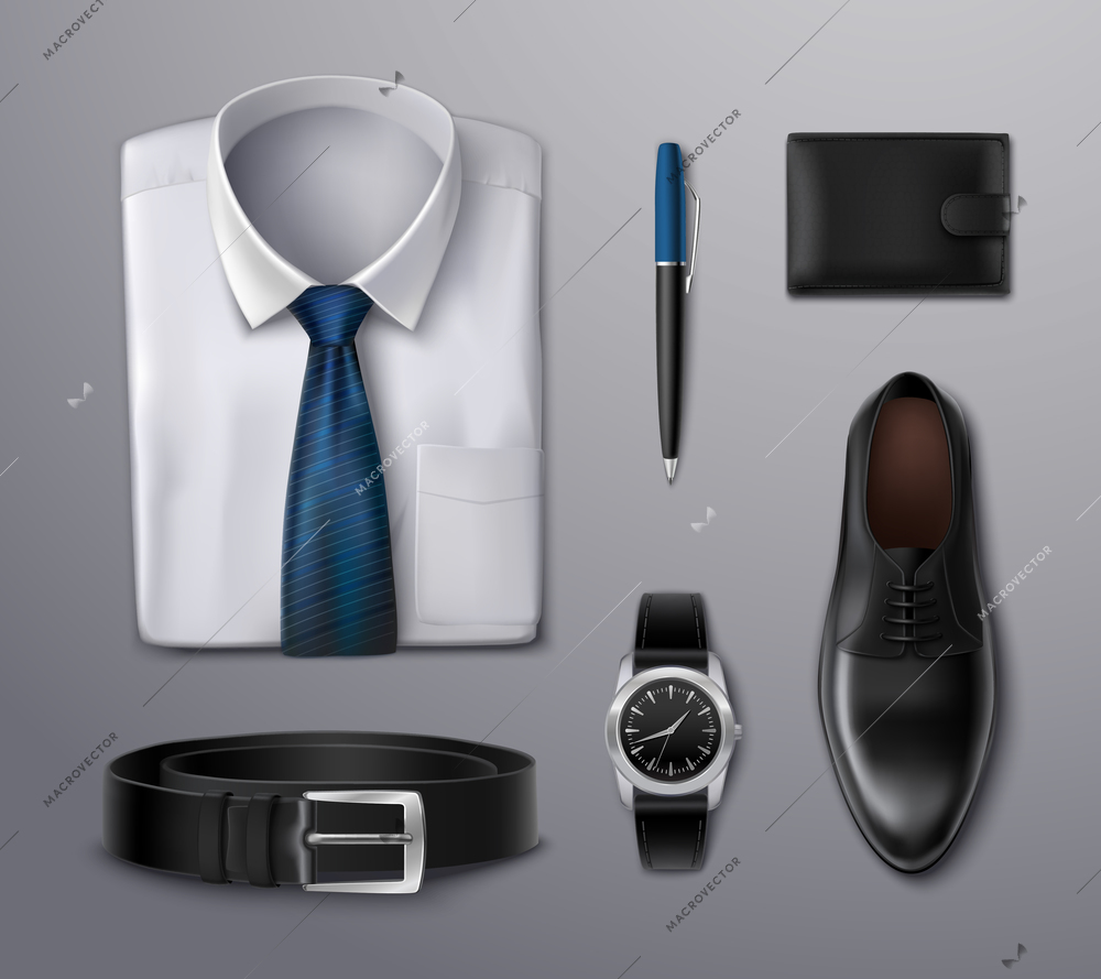 Businessman apparel accessories shirt pen wallet watch belt and shoe on background realistic isolated vector illustration