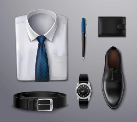 Businessman apparel accessories shirt pen wallet watch belt and shoe on background realistic isolated vector illustration